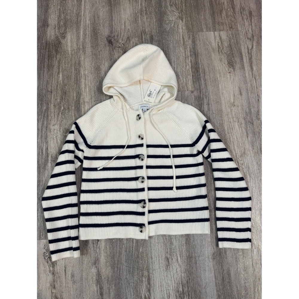 Evereve Isabel Hoodie Cardigan Cream Navy Stripe Drawstring Button Front Size S - Picture 2 of 7